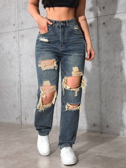 Jeanoix 女式口袋破洞直筒宽松休闲百搭牛仔裤