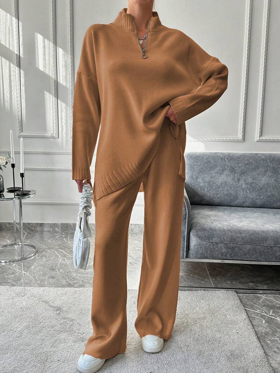 EURMUSE Women Casual Solid Color Stand Collar Sweater & Long Pants 2Pcs Set For Autumn/Winter - Camel - View 1