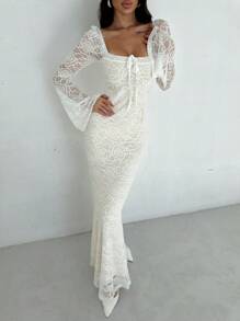 Firerie 女士心形领口喇叭袖紧身胸衣蕾丝美人鱼连衣裙，浪漫约会装，白色，秋冬 - 白色 - 查看 8