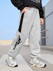 SHEIN 青少年男孩长裤，带侧边印花，保暖内衬，弹性袖口，适合日常、足球、篮球、健身 - 灰色 - 查看 3