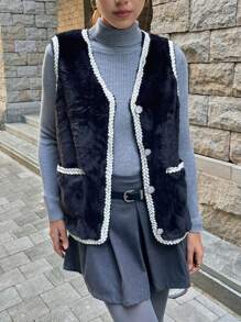 Chiquease Gilet col V à boutons devant avec bordure contrastante, pour l'automne/l'hiver - Noir - Voir 3
