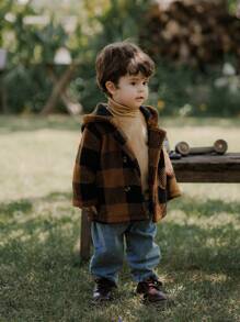 SHEIN 男婴/女婴格纹复古休闲厚长袖外套，多色，适合秋冬季 - 彩色 - 查看 8