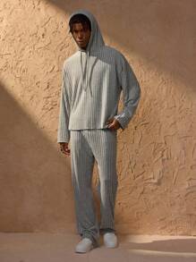 Forever 21 Men's Ribbed Knit Drop Shoulder Drawstring Hoodie & Pants Two-Piece Set