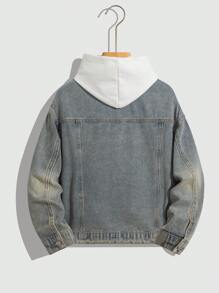 SHEIN 青少年男孩时尚休闲复古蓝色镂空破洞磨边牛仔翻领长袖夹克，适合感恩节、日常穿着以及秋冬季穿着。 - 藍色 - 查看 2