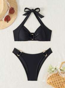 SHEIN Swim 1 szt. Jednokolorowy Halter Bikini Top, Elegancki zestaw strojów kąpielowych Lato - Czarne - Zobacz 5