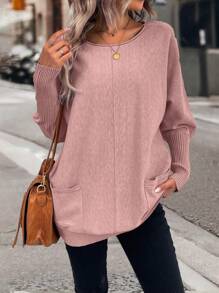 SHEIN LUNE 休闲时尚纯色蝙蝠袖双口袋毛衣，秋冬 - 藕粉色 - 查看 6