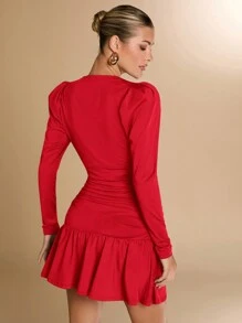 SHEIN BAE 1 chiếc váy ngắn bó sát màu cà phê trơn cổ chữ V sâu tay dài viền bèo nhún cho nữ, thích hợp làm trang phục nhiều lớp, hẹn hò lãng mạn, tiệc tùng, hộp đêm, khách dự tiệc cưới, phù dâu, váy cocktail đơn giản - Đỏ - Xem 2
