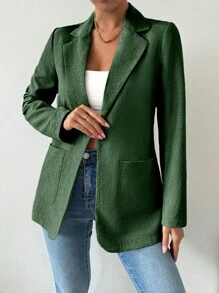 SHEIN LUNE 1 Áo khoác blazer vải lanh cổ ve dài tay cho nữ - Màu xanh lá cây đậm - Xem 5