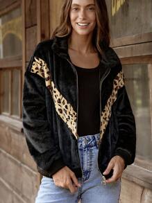 LanaWest Women Casual Fluffy Leopard Splice Zipper Front Jacket, For Autumn Fall Cloth For Women - Black - View 3