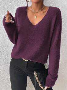 SHEIN Essnce Áo len dệt kim dài tay cổ chữ V màu trơn cho nữ, mùa thu/đông - Màu tím - Xem 4