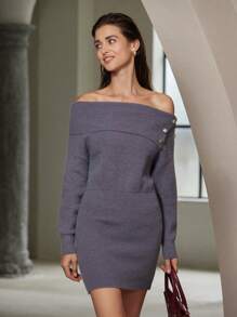 EMERY ROSE Gaun Sweater Rajut Bodycon Wanita Seksi Musim Gugur/Dingin, Model Bahu Terbuka dengan Kancing dan Hiasan Kancing, Kerah Tinggi, dan Leher Tinggi. - Grey - View 6