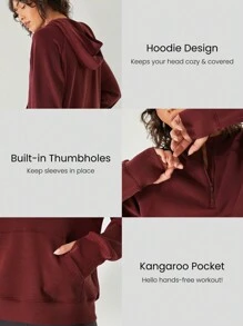 GLOWMODE 莫代尔羊毛保暖超大半拉链袋鼠口袋连帽衫带拇指孔日常休闲秋冬 - 酒紅色 - 查看 5