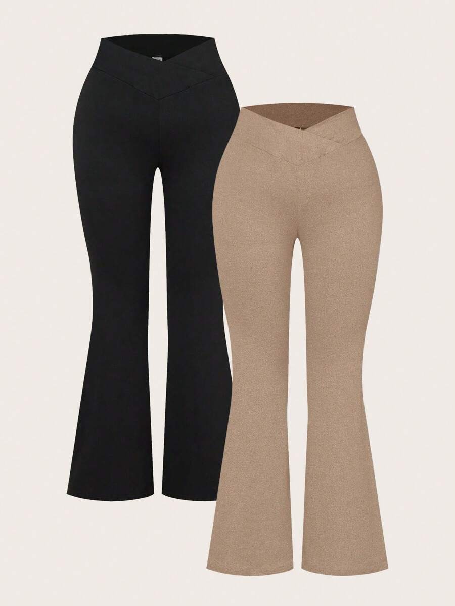 SHEIN EZwear 2 件套大码高腰交叉设计紧身休闲喇叭裤套装，适合春秋季节
