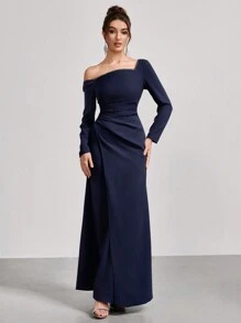 Coutiva 1 pieza Vestido largo de fiesta con mangas largas, cuello asimétrico y fruncido, Vestido elegante para banquete, fiesta de Año Nuevo, evento social, invitado de boda, vestido formal, vestido de noche