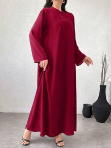 Al Najma Vestido largo de manga larga color borgoña sólido y elegante, con botones, estilo suelto y modesto, para otoño - Burdeos - Ver 8