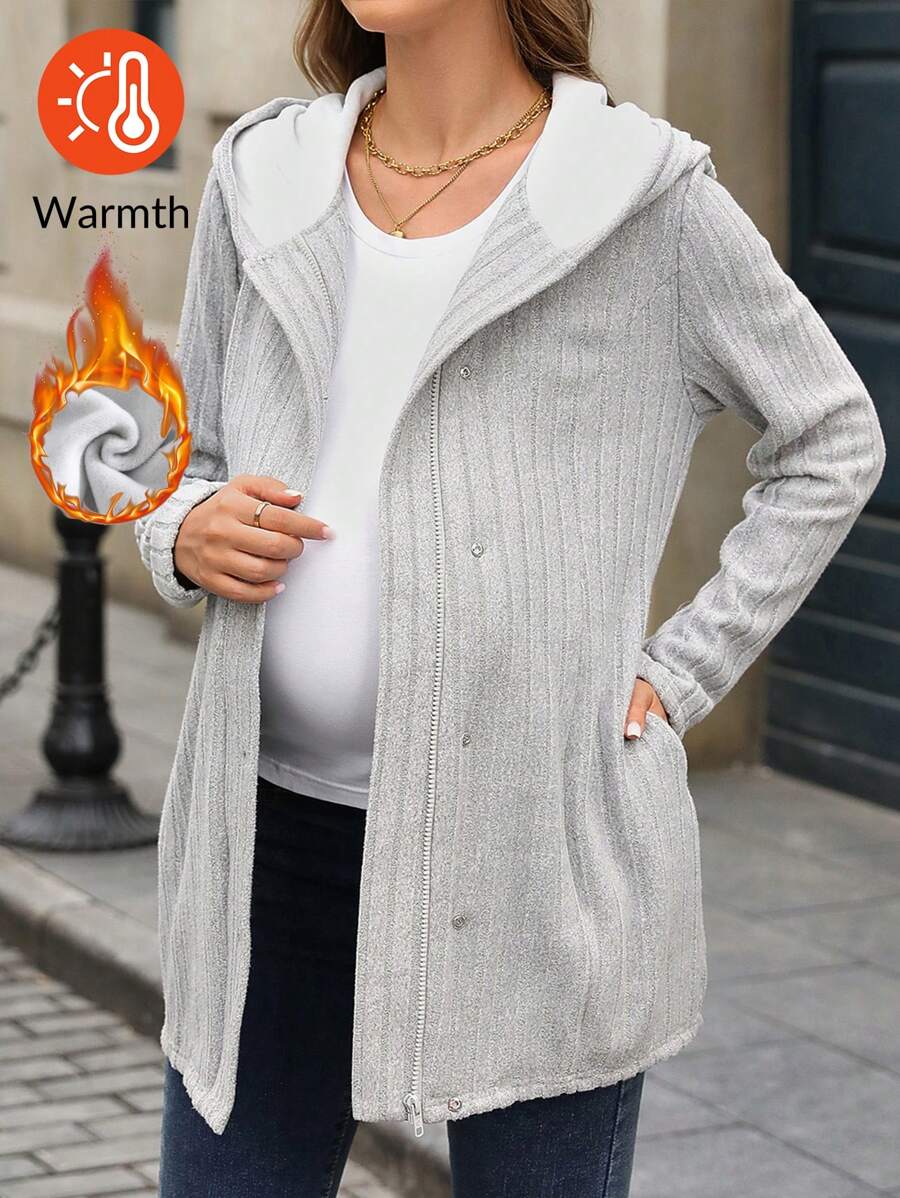 SHEIN Chaqueta con capucha con cremallera, de estilo minimalista y casual, para el otoño y el invierno, para embarazadas - Gris - Ver 1