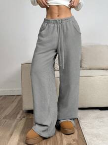 SHEIN EZwear Women's Gray Drawstring Pockets Casual Woven Wide Leg Pants