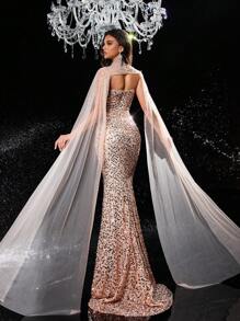 Glamrae Elegante vestido de cena de gala con cuello en V sin tirantes de cintura alta y silueta ajustada, con tul bordado en 3D con lentejuelas y pedrería desmontable tipo chal, en color champán, para invitada de boda, graduación o evento formal