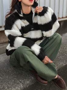 FRIFUL 女式条纹落肩长袖羊毛宽松夹克，秋冬