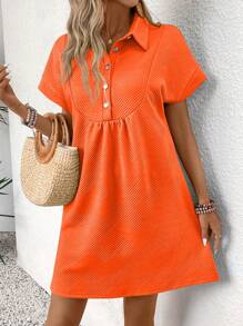 SHEIN LUNE Women's Summer Casual Minimal Button Henley Short Sleeve Polo Collar Dress - Orange - View 1