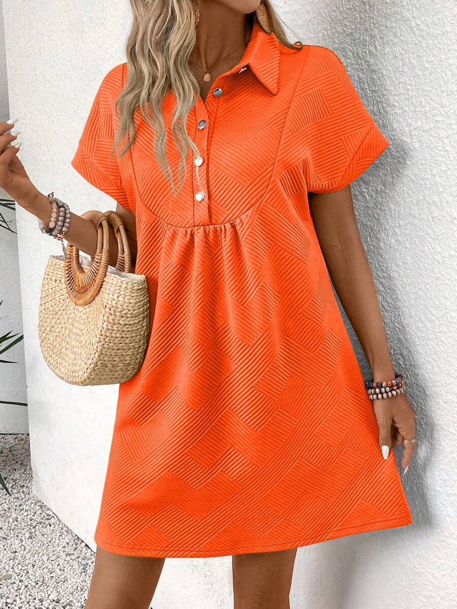 SHEIN LUNE Women's Summer Casual Minimal Button Henley Short Sleeve Polo Collar Dress - Orange - View 1
