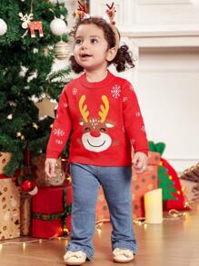 SHEIN Baby Girls' Round Neck Deer Pattern Sweater, Suitable For Family Gatherings, Outings, And Christmas,In Fall/Winter