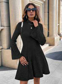 SHEIN Clasi Damen Einfarbiges Rollkragen Lang Arm Kurz Lässig Kleid, Herbst - Schwarz - Übersicht 6