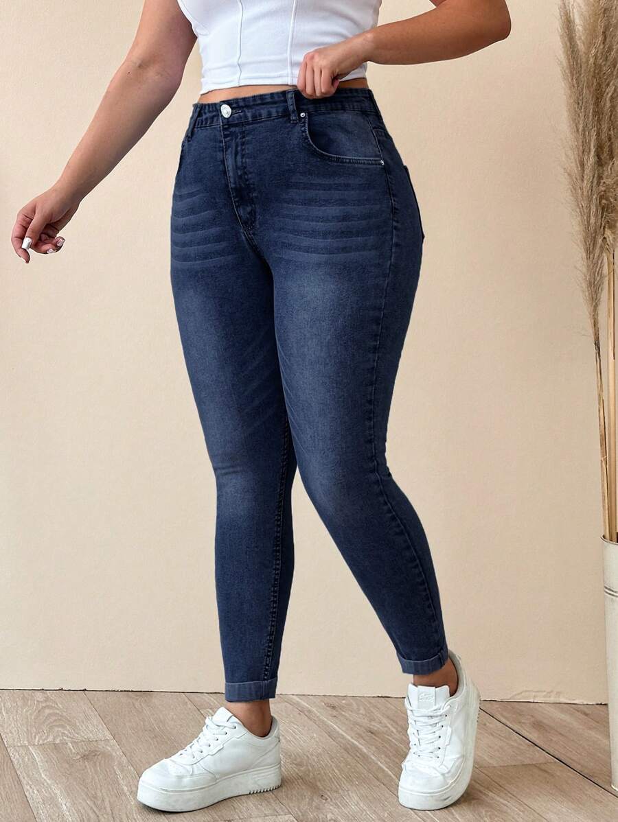 SHEIN Cottnline WOMEN PLUS SIZE SKINNY HIGH WAIST JEANS - Dark Wash - View 1