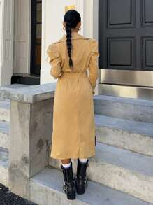 Chiquease Áo khoác dài thanh lịch cổ ve lật tay giám mục màu trơn cho nữ, mùa thu - Màu Khaki - Xem 2