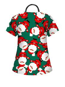 PopScrub Plus Size Vrouwen Kerstmis Cartoon Kerstman Print Verpleegkundige Scrub Uniformen Top, Groene Achtergrond Met Rood & Wit