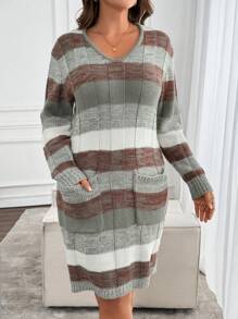 EMERY ROSE Plus Size Women Striped V-Neck Long Sleeve Dual Pocket Casual Sweater Dress, Autumn/Winter - Multicolor - View 3