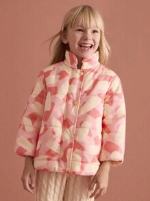 SHEIN Young Girl Pink Geometric Print Long Sleeve Stand Collar Single Breasted Padded Coat, Autumn/Winter
