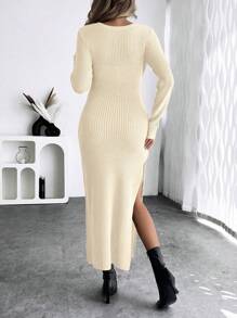 Chiquease 1 件休闲纯色扭纹镂空长袖毛衣连衣裙 - 米色 - 查看 2