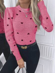 SHEIN Clasi Pull ajusté à manches bouffantes avec motif jacquard en forme de cœur, pour l'automne/hiver, style décontracté