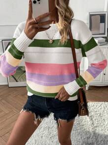 SHEIN LUNE 秋冬休闲日常撞色圆领落肩毛衣