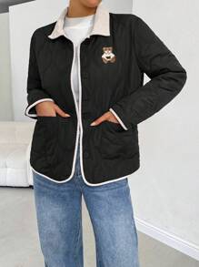 SHEIN Essnce 女式夹棉大衣，带熊刺绣、拼色和立领，适合秋冬季，女士冬装 - 黑色 - 查看 3