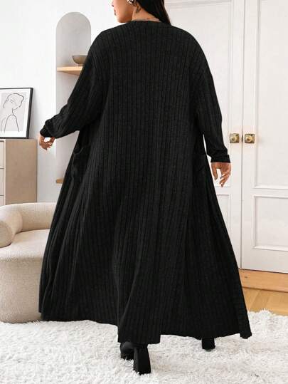 SHEIN EZwear Plus Size Women's Solid Color Drop Shoulder Long Sleeve Ribbed Casual Maxi Cardigan, Autumn Winter Fall