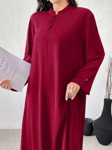 Al Najma Vestido largo de manga larga color borgoña sólido y elegante, con botones, estilo suelto y modesto, para otoño - Burdeos - Ver 6