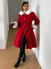 Plus Size Women Red Colorblock Hooded Elegant Christmas Overcoat Outerwear, Warm Outdoor Clothes For New Year Clothes - Red - View 5