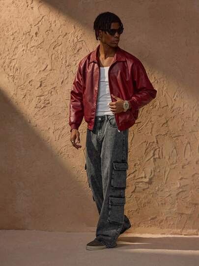 Forever 21 Men's Autumn And Winter Drop Shoulder Long Sleeve Zip Up Red PU Leather Jacket