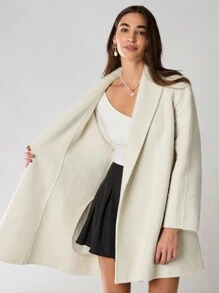 Enchnt 冬季新品，女士优雅时尚纯色披肩领长袖毛绒拼接双面大衣，冬季女装，冬装，保暖服装，冬季女士大衣，适合圣诞派对和浪漫晚餐约会 - 米色 - 查看 9