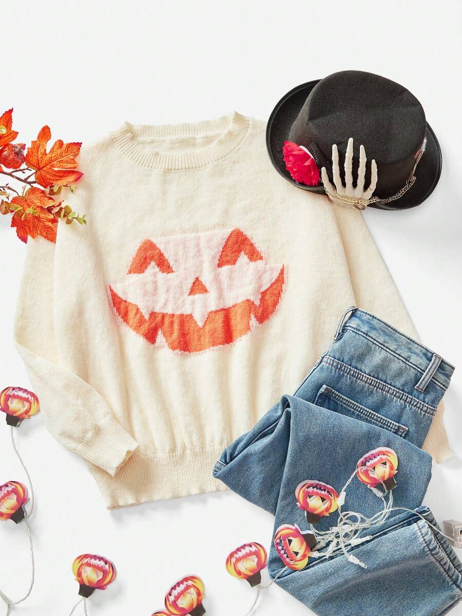 SHEIN Clasi Fall Women Halloween Clothes Sweater Round Neck Pullover Cartoon Pumpkin Ghost Face Black Orange Sweater Costumes Warm Women Topsbusiness Casual Woman,Work Wear,Fall Wedding Guest Dress,