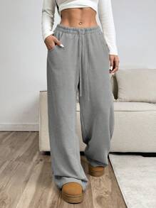SHEIN EZwear Women's Gray Drawstring Pockets Casual Woven Wide Leg Pants