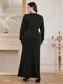 Modelyn Plus Size Solid Color Round Neck Long Sleeve Pleated Simple Short Casual Dress Long Evening Dresses