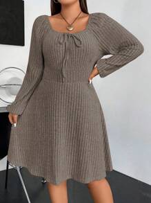 Vionelle 大码女式纯色前系带插肩袖罗纹休闲中长连衣裙，秋季 - 摩卡棕 - 查看 7