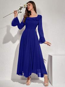 Modelyn Vestido de mujer de unicolor elegante con mangas acampanadas y volantes en el bajo, vestido largo de noche de otoño para mujer - azul real - Ver 8