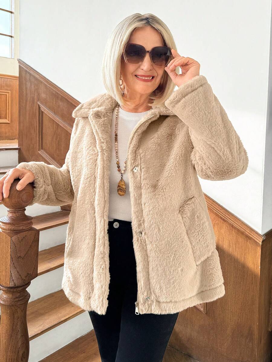 SHEIN LUNE Women's Casual Fur Collar Coat Winter Jacket Women