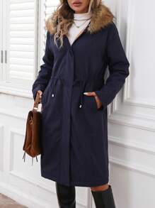 SHEIN LUNE Nouveau manteau rembourré mi-long épaissi avec capuche, col moelleux, cordon de serrage à la taille, doublure chaude, vêtements d'hiver pour femmes 2024