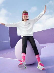 SHEIN Tween Girls Round Neck Long Sleeve Athlow Graphic Pullover Sweatshirt,Black And White,Autumn,Casual,Workout Running Cycling Basketball Tennis Sports - White - View 1