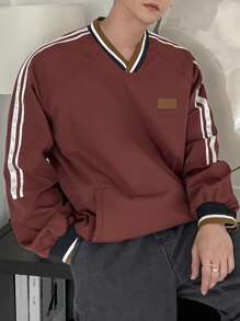 DAZY Men's Striped Patchwork Logo Pullover Hoodie, Autumn - Red - View 8